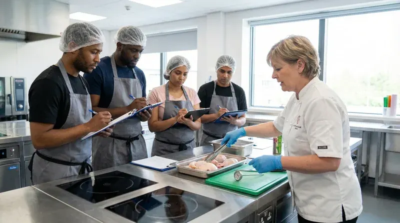 Food safety trainer demonstrating safe food handling in a professional kitchen